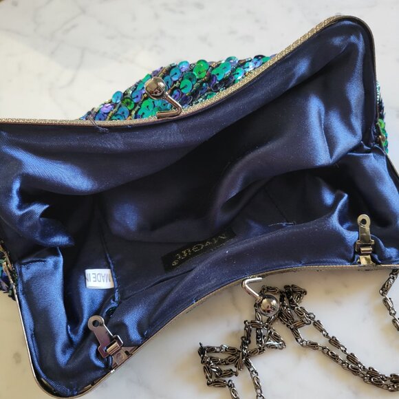 mg Collection Green & Blue Beaded and Sequined Peacock Evening Clutch - Picture 3 of 11